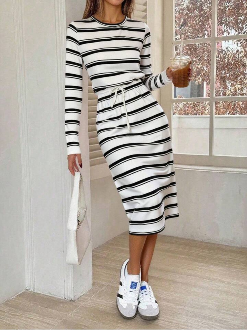 Black and White Striped Long Sleeve Casual Midi Dress